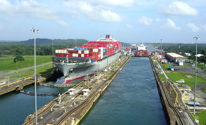 Container ship going through the Panama Canal