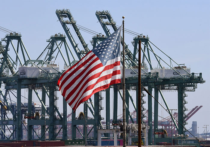 US Flag waving at a sea port